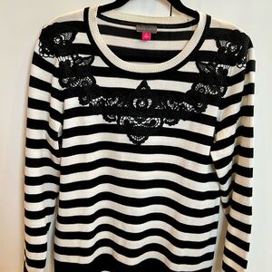 Vince Camuto Black and White Striped Embellished Sweater